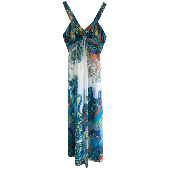 Aidan by Aidan Mattox Empire Waist Chiffon V-Neck Blue Multi Dress Size 6 NWT - Picture 1 of 7